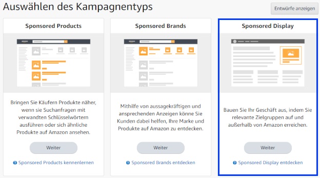 Im dargestellten Menü kannst du in Amazon Ads den Kampagnentyp auswählen. Markiert ist der Typ "Display"