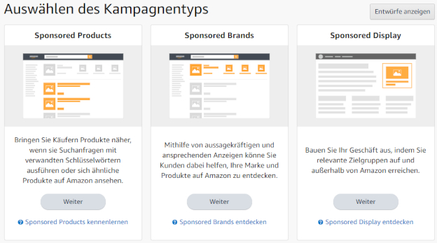 Der Screenshot zeigt den Auswahldialog des Kampagnentyps mit einer Markierung auf Sponsored Brands in Amazon Ads