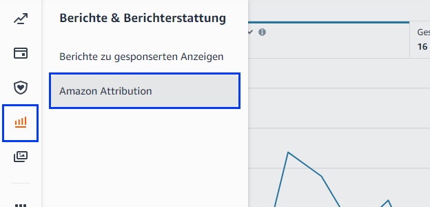 Der Screenshot zeigt, wo du Amazon Attribution im Menü in der Advertising Console aufrufen kannst.