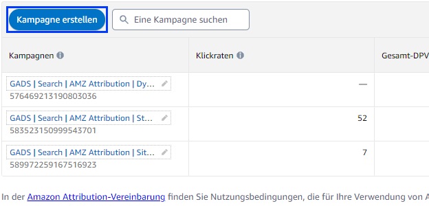 Klicke auf den blauen Button, um deine erste Amazon Attribution Kampagne anzulegen.