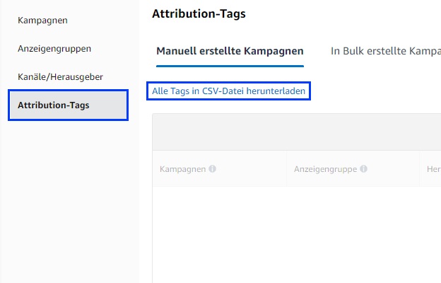 Der Screenshot zeigt, wie du über den Menüpunkt "Attribution Tags" und den Punkt "Alle Tags in CSV-Datei herunterladen" alle Attribution Tags gesammelt herunterladen kannst.