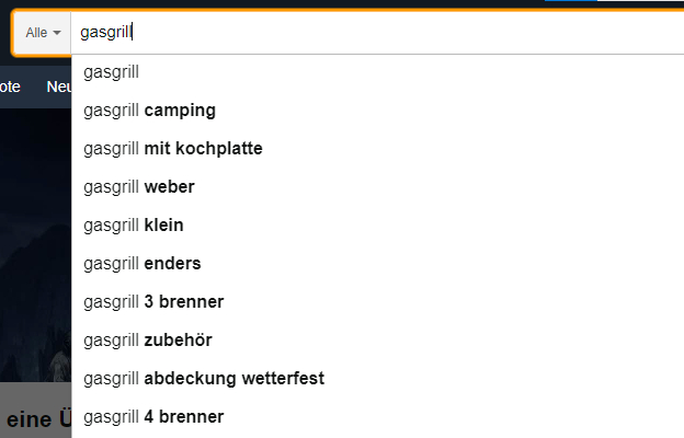 Das Bild zeigt exemplarisch Suchvorschläge in der Amazon Suche für das Keyword "gasgrill".