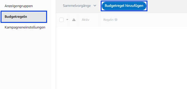 Der Screenshot zeigt, wo du in Amazon Ads eine Budgetregel anlegen kannst.