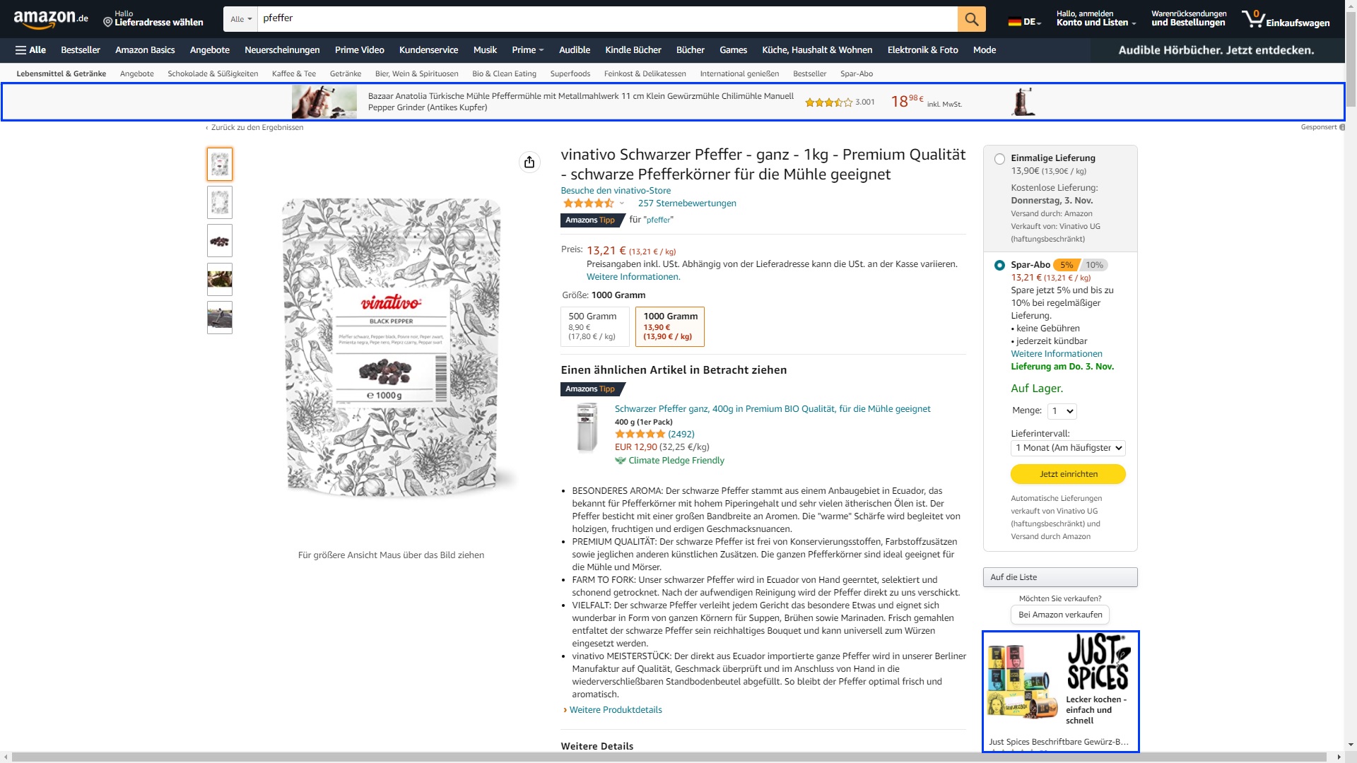 Auf dem Screenshot sind Amazon-Display-Anzeigen auf der Produktdetailseite markiert