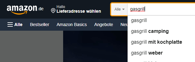 Der Screenshot zeigt die Eingabe des Keywords "gasgrill" in der Amazon Suchmaske