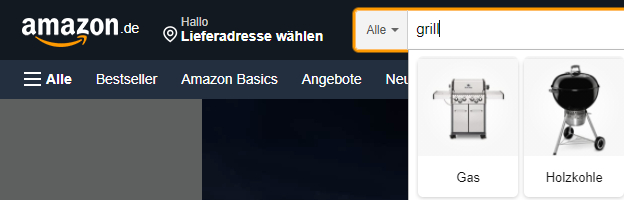 Der Screenshot zeigt die Eingabe des Keywords "grill" in der Amazon Suchmaske