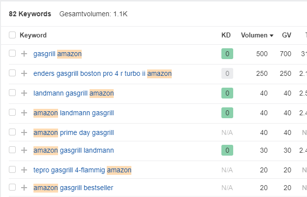 Der Screenshot zeigt exemplarisch navigationale Suchanfragen zu dem Hauptkeyword "gasgrill" bei denen Nutzer zu Amazon geleitet werden wollen.