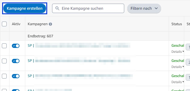 Mit dem blauen Button im Anzeigen Manager kannst du eine Amazon PPC Kampagne anlegen.