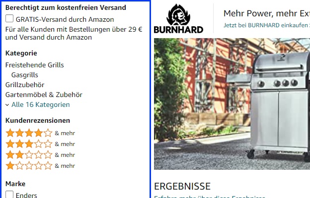 Der Screenshot zeigt die Amazon-Webseite nach Eingabe des Keywords "gasgrill". Die Produktfilter sind mit einem blauen Rahmen markiert.