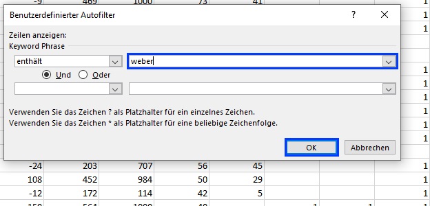 Der Screenshot zeigt, wie man den Textfilter-Dialog in Excel ausfüllt.