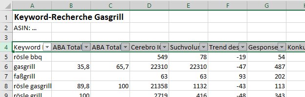 Der Screenshot zeigt in Excel hinzugefügte Filter zu einer Amazon Keyword-Liste