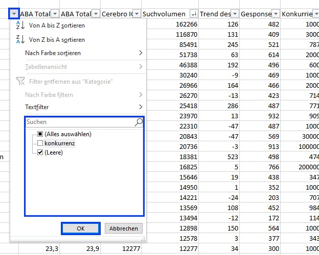 Der Screenshot zeigt, wie man in Excel leere Zellen filtern kann.