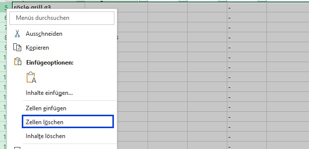 Der Screenshot zeigt, wie man in Excel mit einem Rechtsklick auf die Zeilennummer "Zellen löschen" kann.