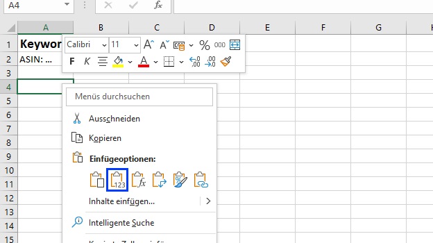 Der Screenshot zeigt, wie man in Excel nur Werte einfügen kann und so die Formatierung nicht übernimmt
