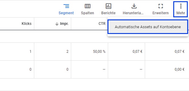 Der Screenshot zeigt, wo du Anzeigenassets auf Kontoebene in Google Ads finden kannst.