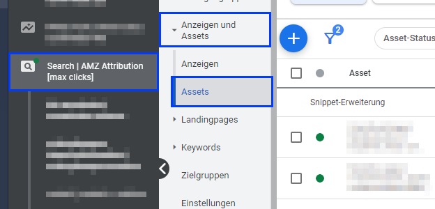 Das Foto zeigt, wo du in Google Ads Assets hinzufügen kannst, damit deine Amazon Attribution Kampagne effizienter läuft.