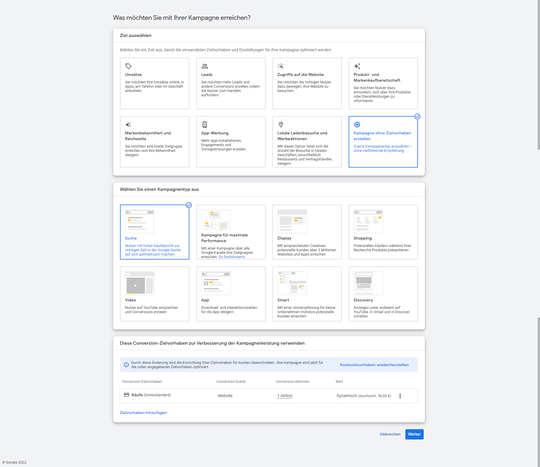 Der Screenshot zeigt den ersten Schritt zum Erstellen einer Amazon Attribution Kampagne über Google Ads mit der Taktik von amaline.