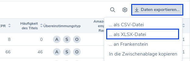 Der Screenshot zeigt wie man Daten aus Cerebro in Helium10 exportieren kann. Im Menü unter: "Zahnrad" dann "Daten exportieren ..." dann ".. als XLSX-Datei"