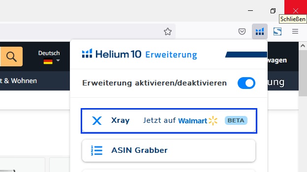 Das Bild zeigt das Dropdown-Menü des Helium10 Browser-Plugins auf dem XRay markiert ist.