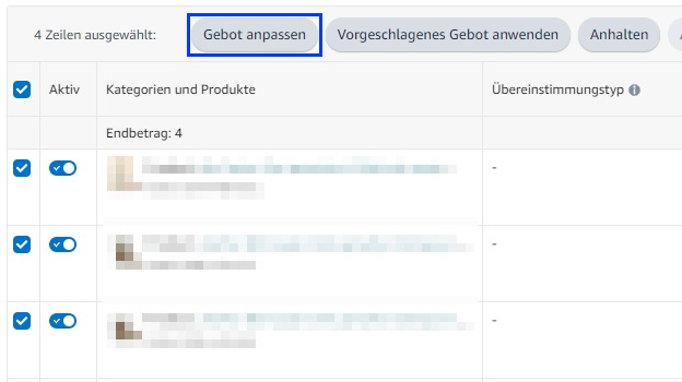 Der Screenshot zeigt, wie man Gebote gesammelt in Amazon Ads überarbeiten kann.