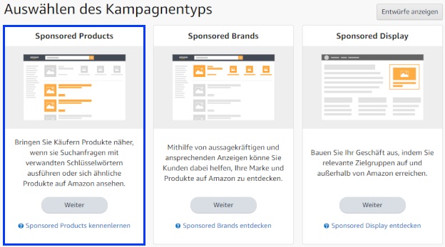 Der Screenshot zeigt den Kampagnentyp-Auswahl-Dialog in Amazon Advertising mit einer Markierung auf dem Typ "Sponsored Products"