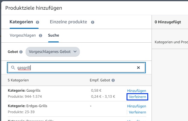 Der Screenshot erklärt, wie man das Category Targeting in Amazon Ads verfeinern kann.