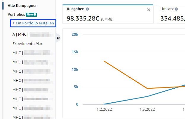 Der Screenshot zeigt die Schaltfläche mit der man ein Portfolio im Amazon Ads Manager anlegen kann.