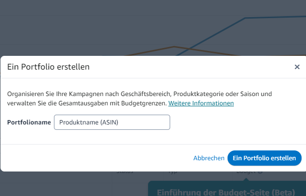 Das Foto zeigt den Dialog in der Amazon Ads Plattform über den man ein Kampagnenportfolio erstellen kann.