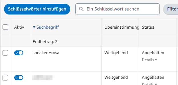 Der Screenshot zeigt, wie man den Broad Modifier in Amazon Sponsored Brands Kampagnen einsetzen kann.