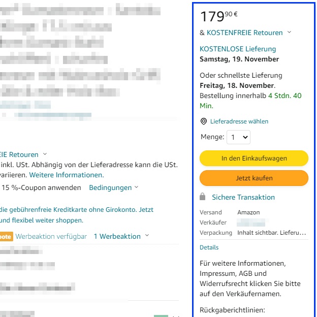 Der Screenshot zeigt, wo sich die Buybox auf den Produktseiten auf Amazon befindet.