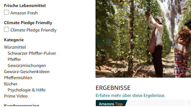 Der Screenshot zeigt exemplarisch, dass es in Amazon je nach Kategorie individuelle Filter gibt - zum Beispiel bei Lebensmiteln den Fresh-Filter