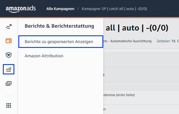Der Screenshot zeigt, wo du in deinem Amazon PPC Konto die Berichte aufrufen kannst.