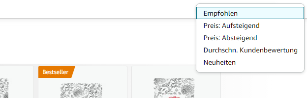 Der Screenshot zeigt, wie man den Amazon Filter nutzen kann, um Produkte nach Preis absteigend zu sortieren. Dies ist zum Beispiel für die manuelle ASIN-Recherche praktisch.