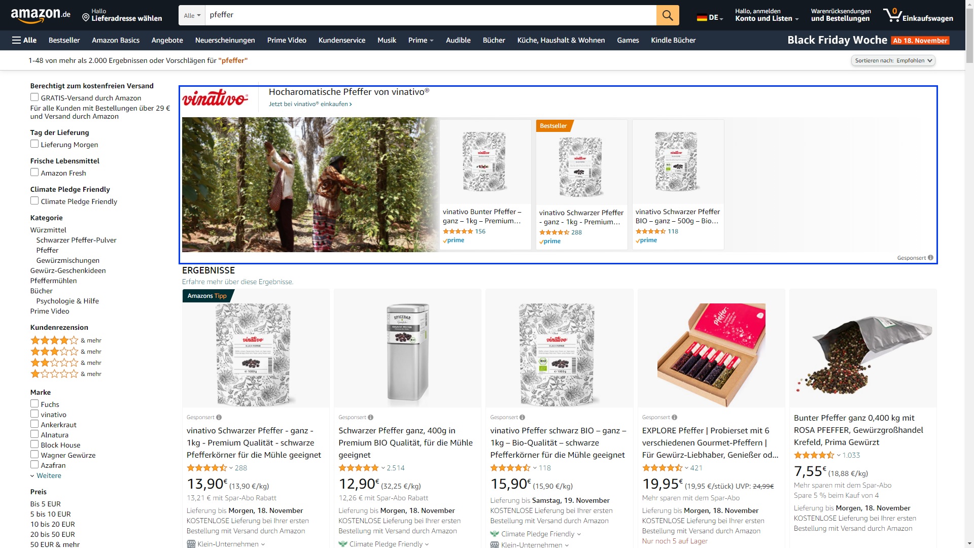 Der Screenshot zeigt eine Sponsored Brands-Kampagne auf Amazon, die einen Themenfokus auf das Keyword Pfeffer hat.