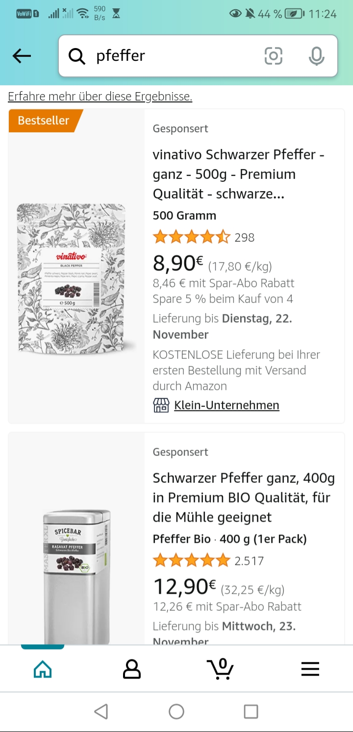 Der Screenshot zeigt Sponsored Products Anzeigen in der mobilen Suche auf Amazon