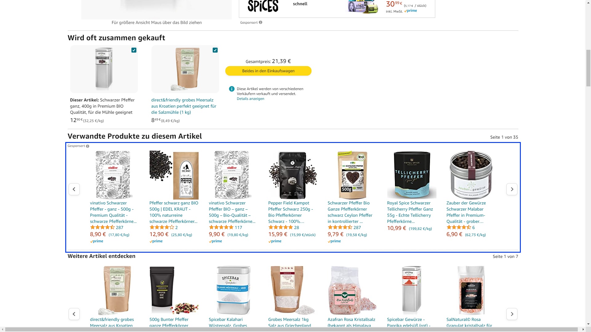Der Screenshot zeigt, wo sich auf Produktseiten Sponsored Products Anzeigen befinden können.