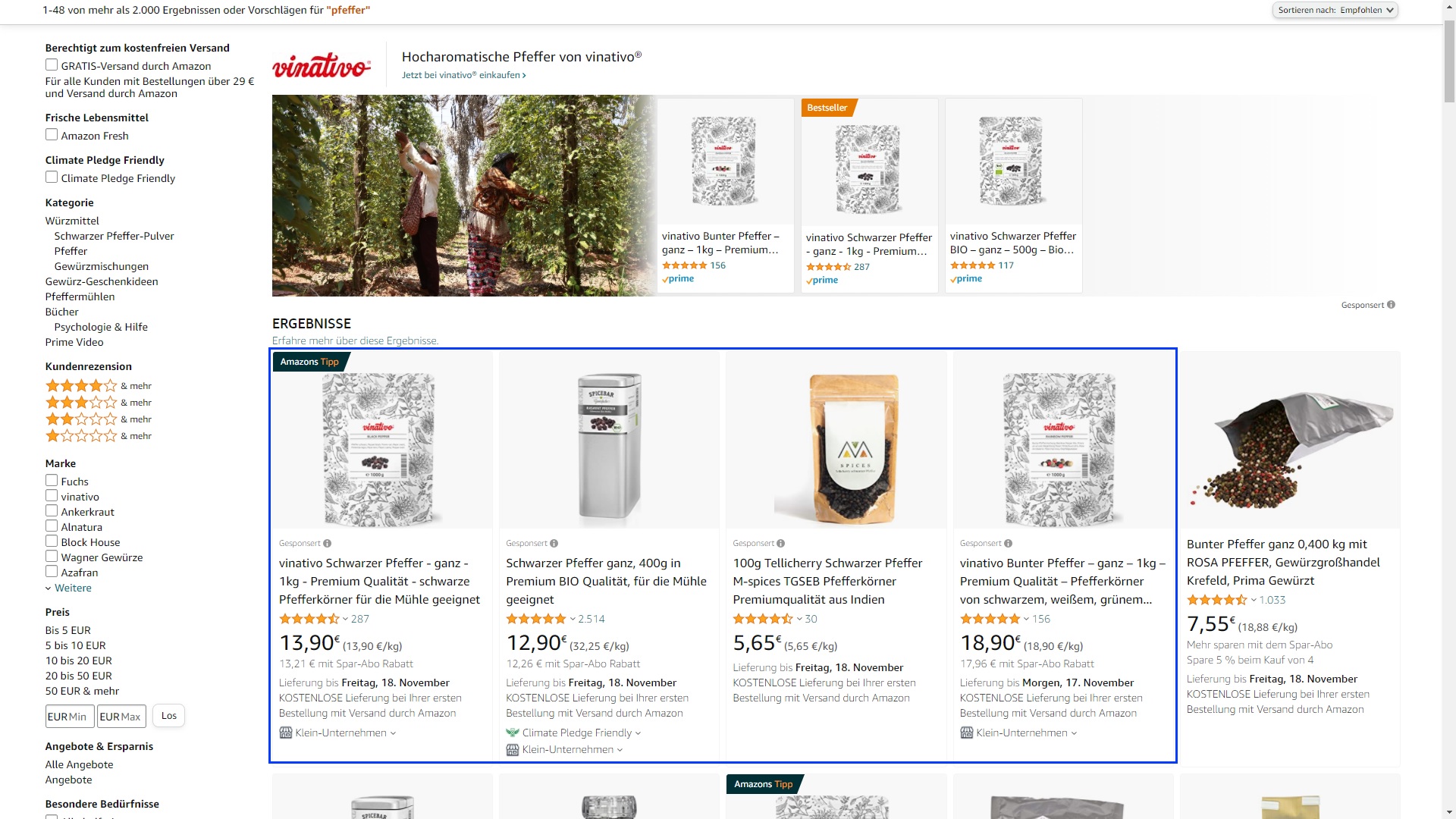 Der Screenshot zeigt, wo sich in der Amazon Produktsuche Sponsored Products Anzeigen befinden.