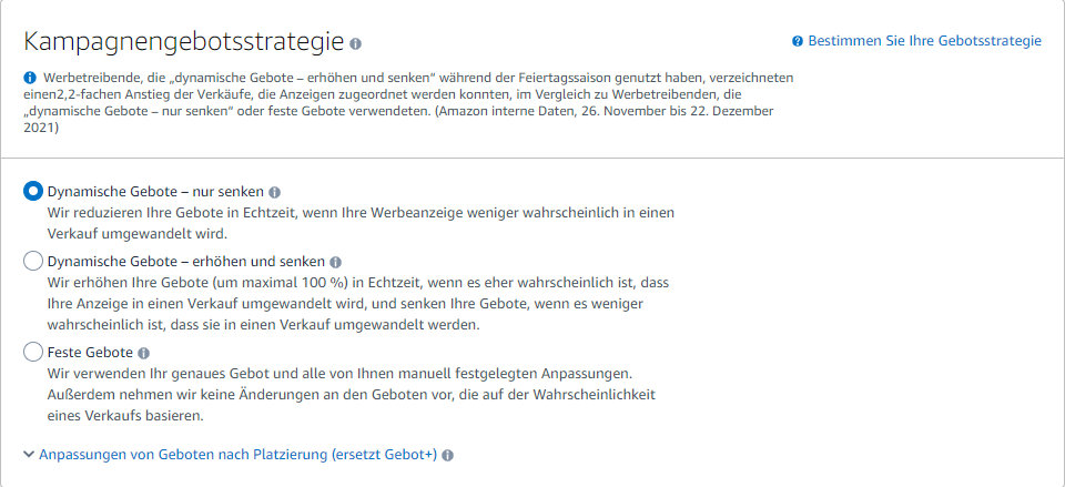 Der Screenshot zeigt die Auswahl der Gebots-Strategie beim Erstellen einer Sponsored Products Kampagne in Amazon Ads.