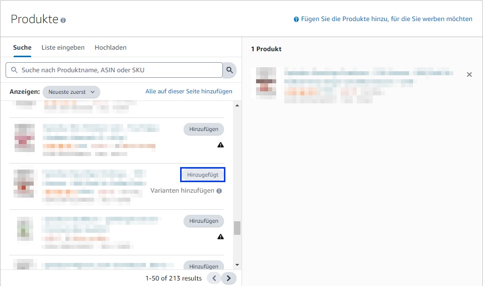 Der Screenshot zeigt, wie du Produkte zur Bewerbung in einer Amazon Sponsored Products Kampagne auswählst.