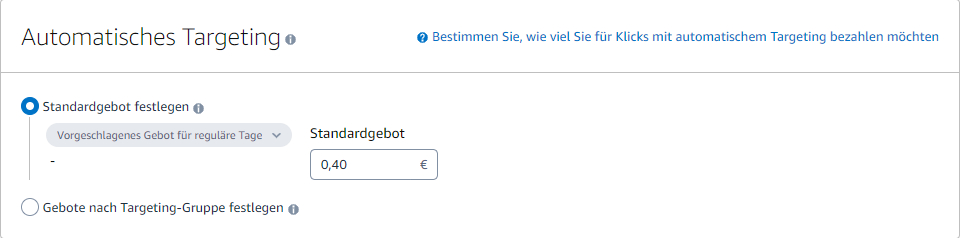 Der Screenshot zeigt, wie du in einer Amazon Sponsored Products Kampagne beim Erstellen ein Standardgebot festlegst.