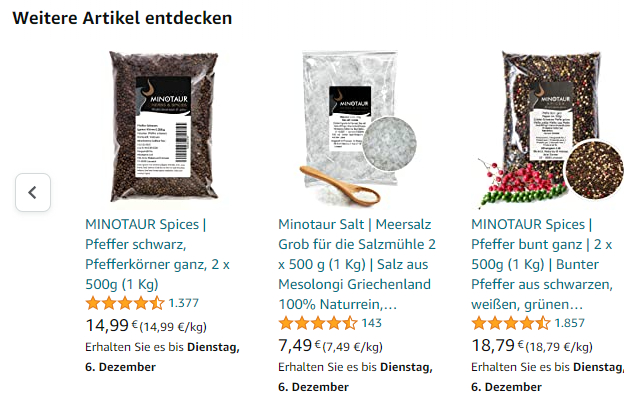 Der Screenshot zeigt das "Weitere Artikel entdecken"-Element auf Amazon Produktdetailseiten.