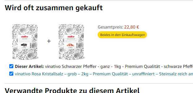 Der Screenshot zeigt das "Wird oft zusammen gekauft"-Element auf Amazon Produktdetailseiten.