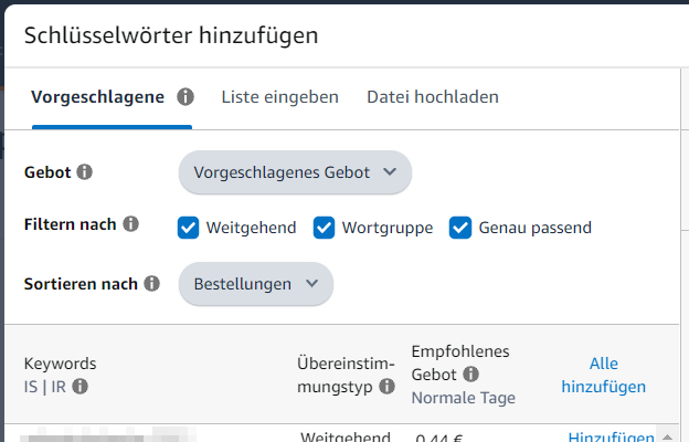 Der Screenshot zeigt, wie man nach Keyword-Match-Types in den beim Hinzufügen von Keywords zu Amazon Ads Kampagnen filtern kann.