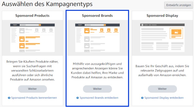 Der Screenshot zeigt den Dialog zur Auswahl des Kampagnentyps beim Erstellen einer Sponsored Brands Kampagne.