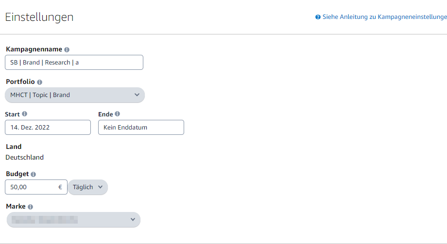 Der Screenshot zeigt die Kampagneneinstellungen während des Erstellens einer Amazon Sponsored Brands Kampagne