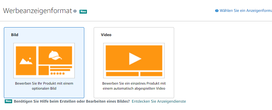 Du kannst bei Amazon Sponsored Display Kampagnen zwischen Bild- und Video-Anzeigen wählen.