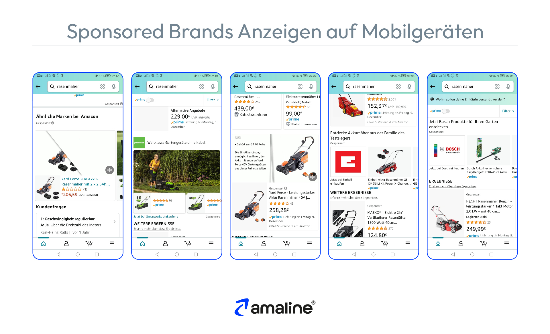 Die Grafik zeigt Beispiele für Sponsored Brands Anzeigen auf dem Smartphone.