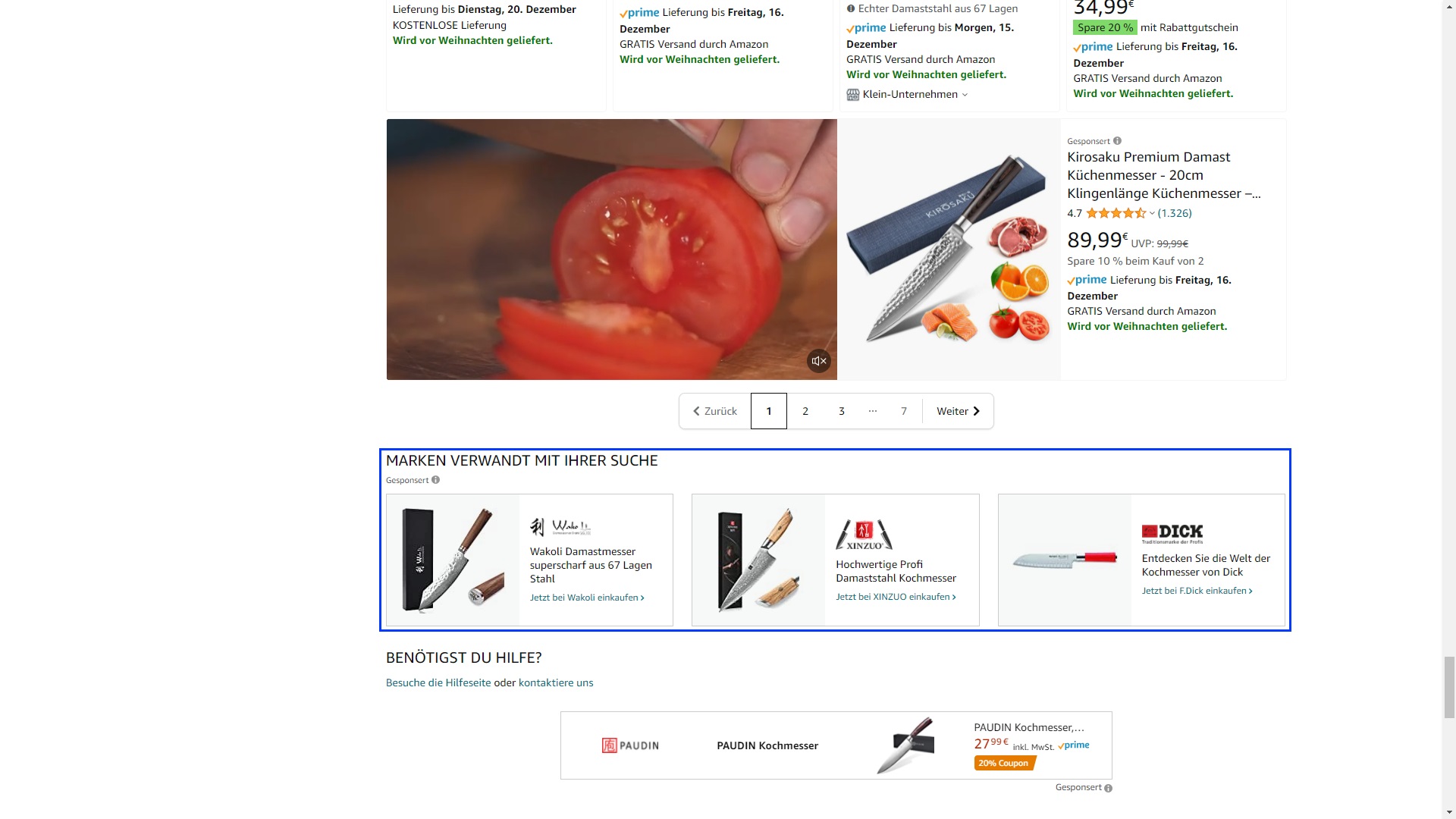 Der Screenshot zeigt des Element "Marken verwandt zu ihrer Suche" am Ende der Suchergebnisse in Amazon. In diesem werden die Anzeigen von Sponsored Brands Kampagnen ausgespielt.