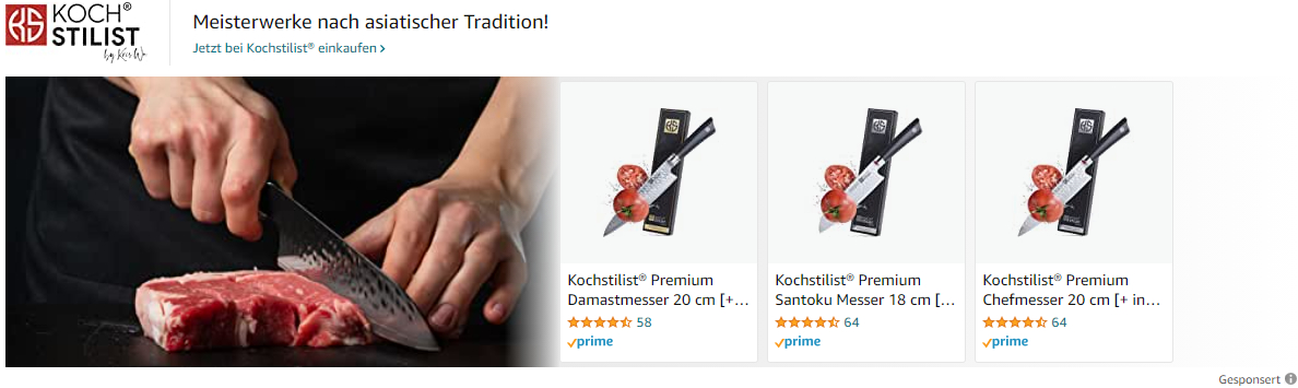 Der Screenshot zeigt eine Produktkollektions-Anzeige in Amazon. Diese kann mit dem Kampagnentyp Sponsored Brands erstellt werden.