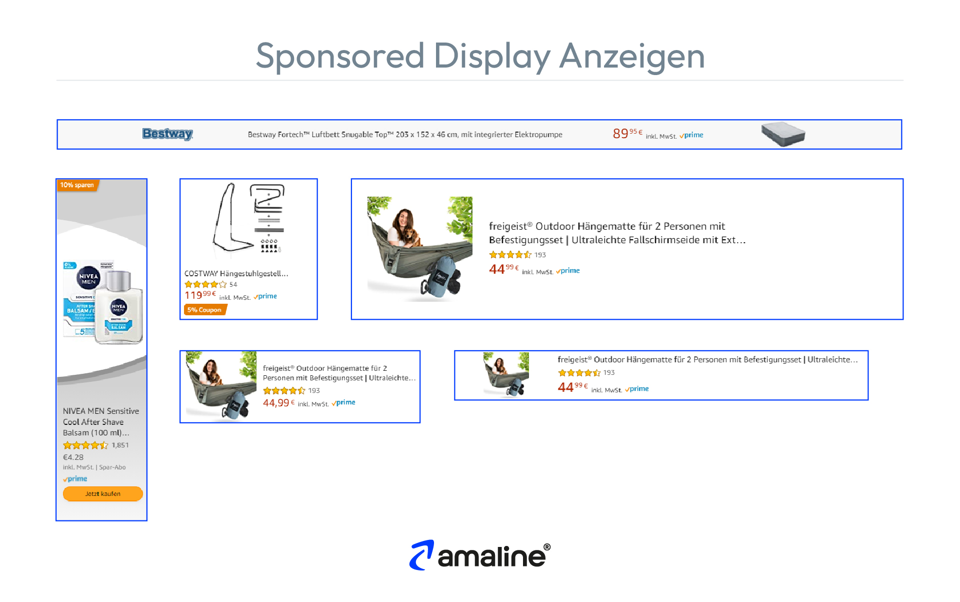 Die Grafik zeigt Screenshots von Amazon Sponsored Display Anzeigen in verschiedenen Formaten.